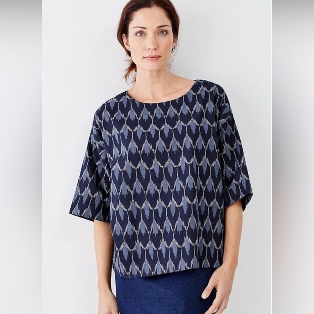 J. Jill. Pure Jill Blue Ikat Kimono Boxy 100% Cotton Lagenlook Shirt Size Small.
